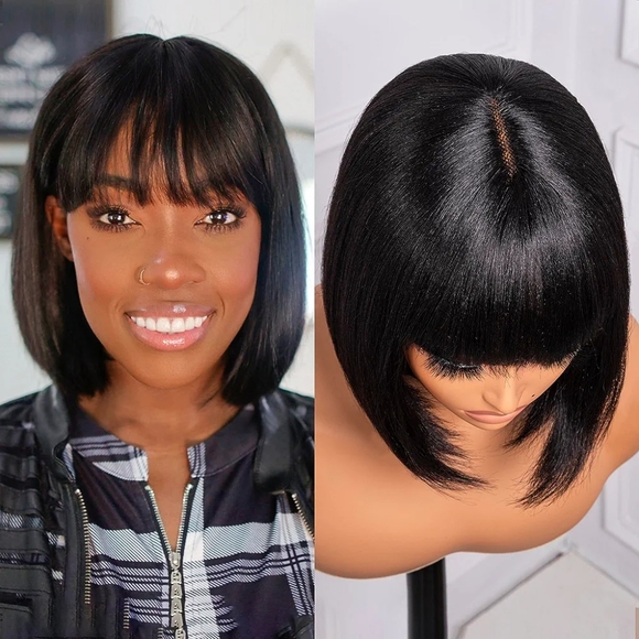 Bob Wig With Bangs- 10 Inch Short Yaki Bob Wig 180% Density - Picture 1 of 9